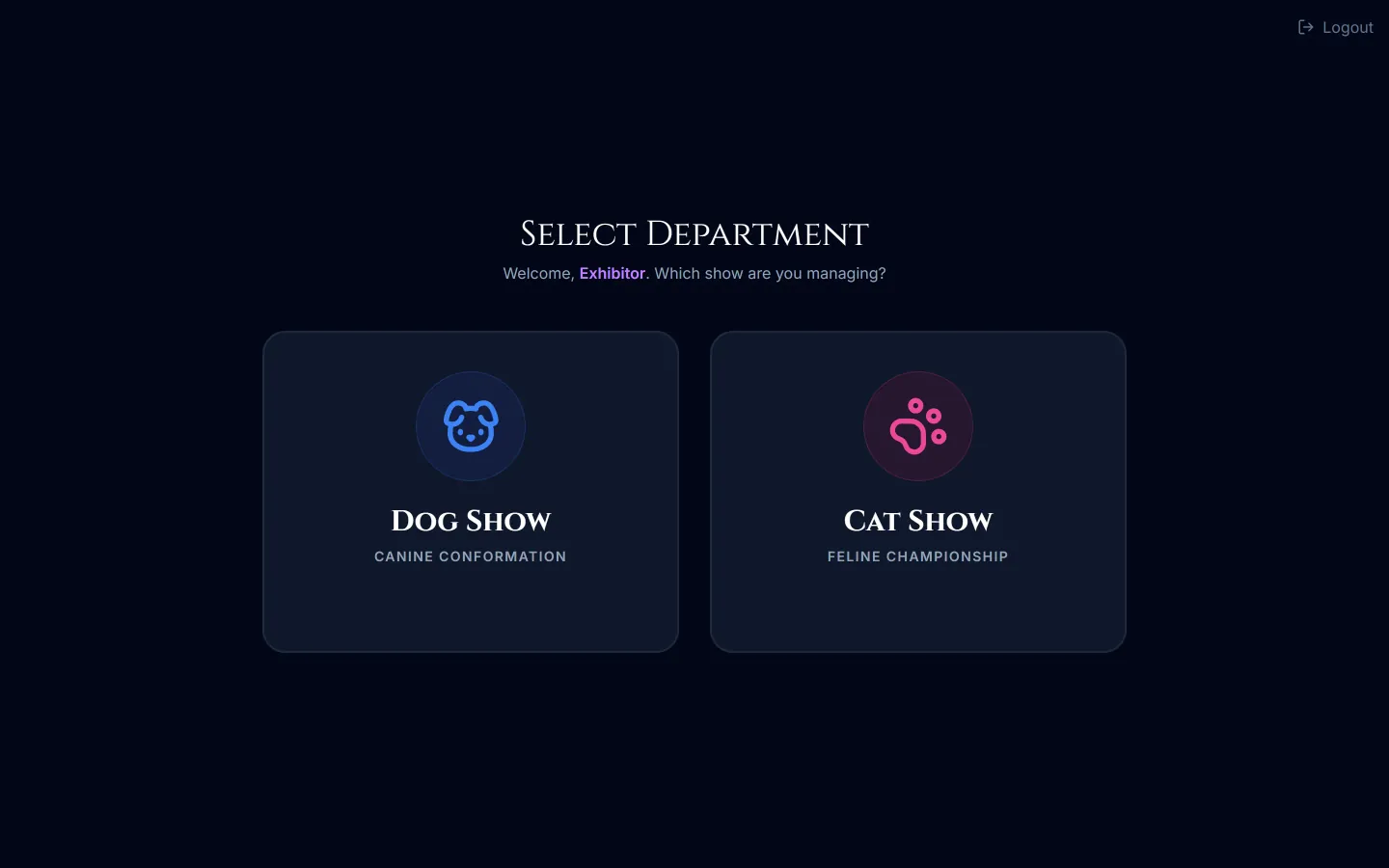 ShowKeeper’s Select Department screen: choose Dog Show (canine conformation) or Cat Show (feline championship).